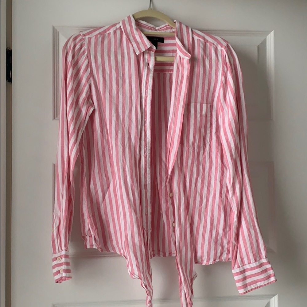 Pink and white linen tie blouse